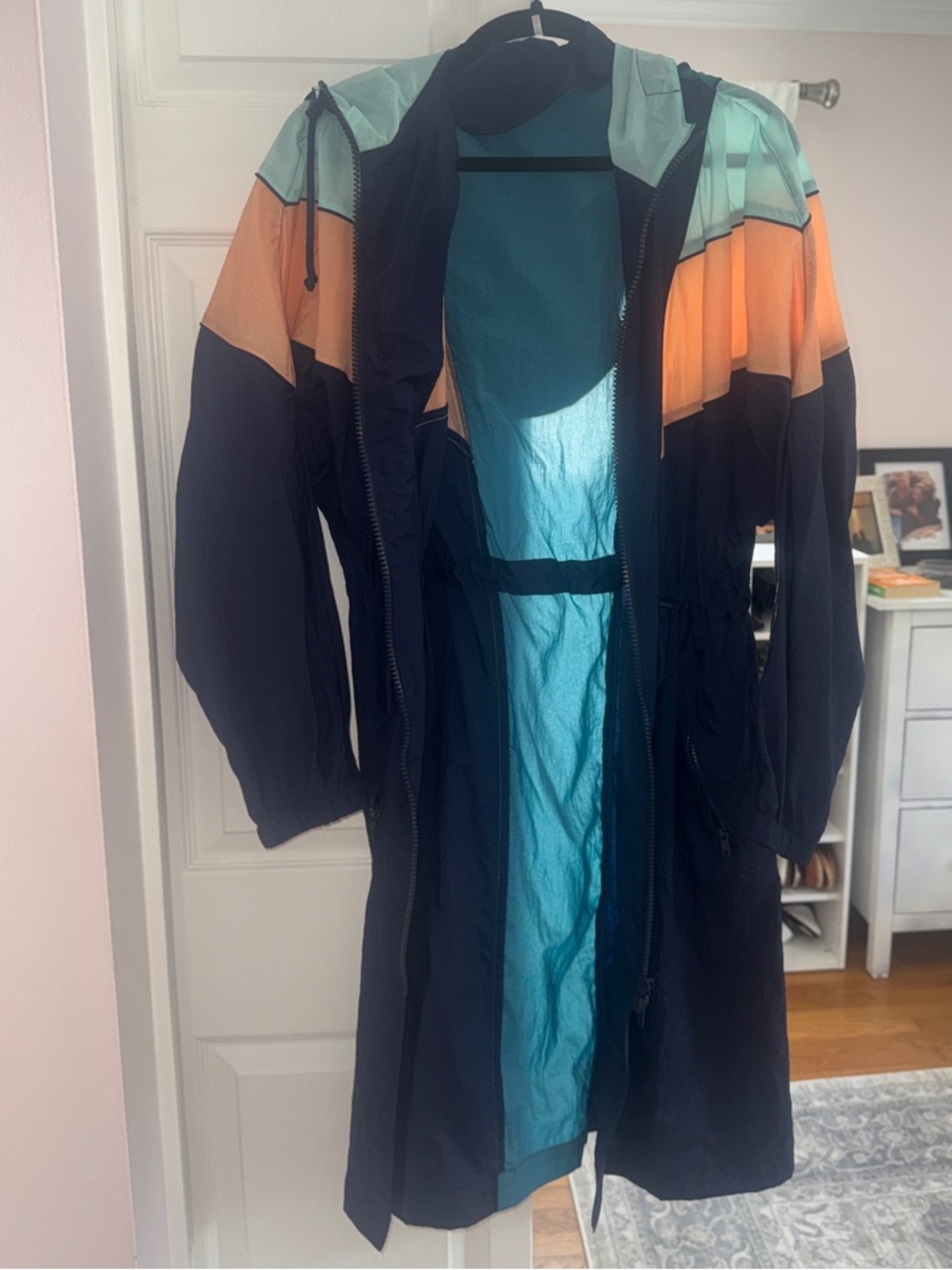 Free People Navy, Teal & Peach Colorblock Lightweight Rain Coat